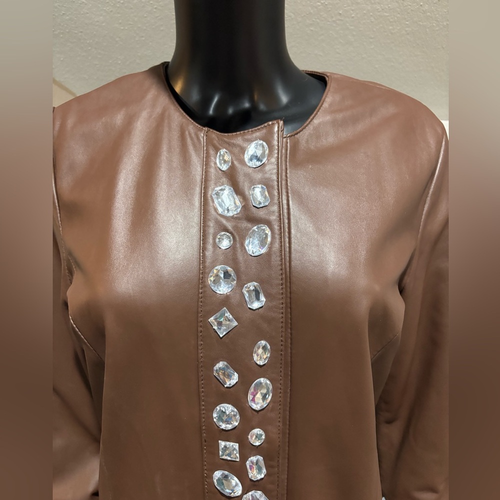Boston Proper Brown Leather Embellished Long Coat Jacket Sz M Unique - Picture 5 of 10